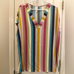 Size L, My Story brand, linen like, striped top. Mult-colored.
